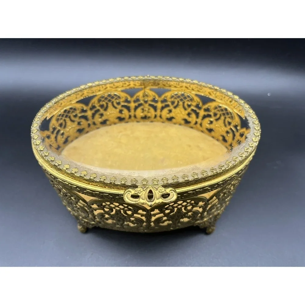 Vintage Ormolu Beveled Glass Filigree Oval Footed Trinket Box 6